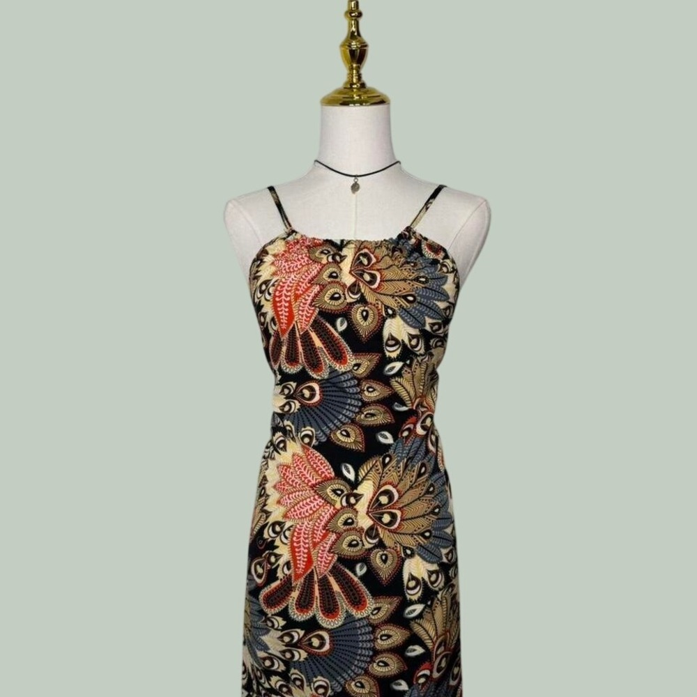 boho peacock feather slip dress black red gold beach old money maximalist y2k